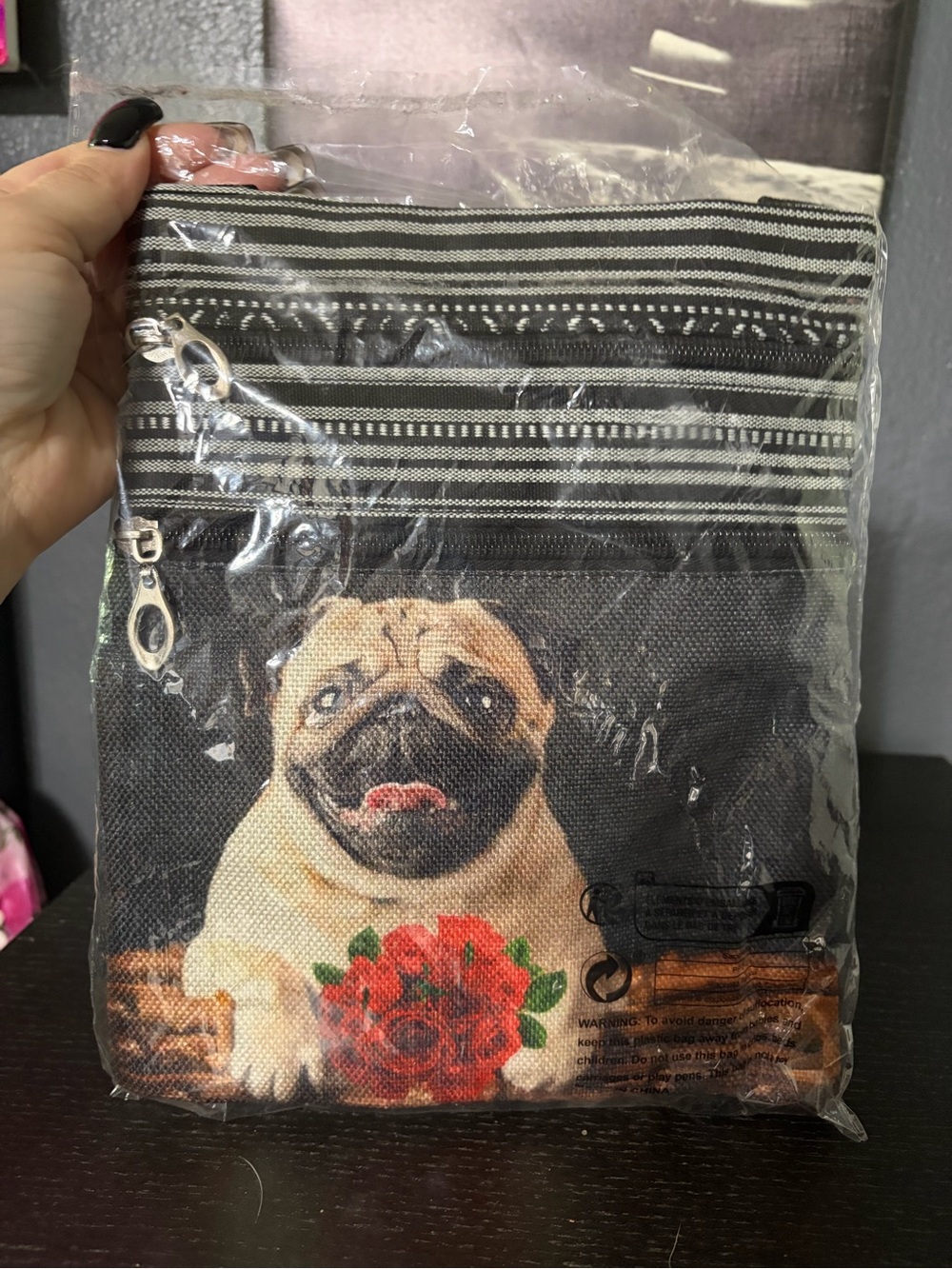 Pug Print Crossbody Bag - Black and Tan with Red Accent